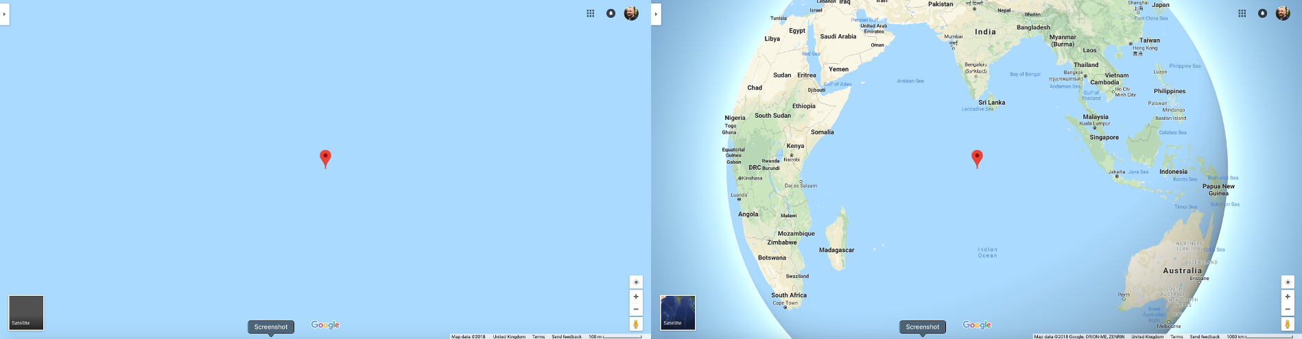 Left: default Google maps zoom level - Right: zoomed out version
